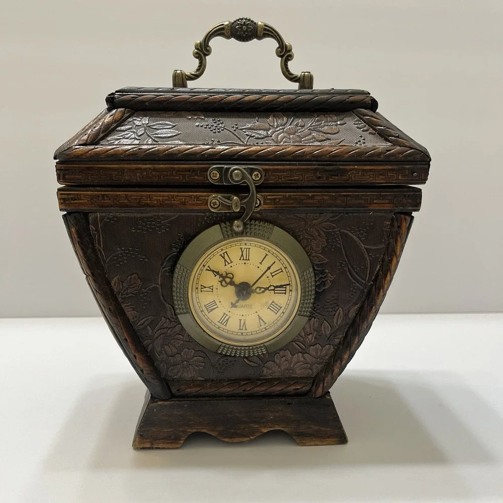 Vintage-Style Wooden Clock/Keepsake Box Hinged Lid Velvet Lined Latch Triangle